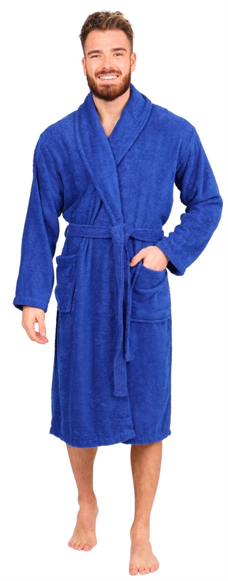 Mens Bathrobe 100% Cotton Terry Towelling Shawl Dressing Gown Bath Robe Royal Blue
