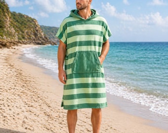 Mens Microfibre Changing Robe - Quick Dry Towelling Poncho with Hood - Beach Surf Swim Changing Towel - Plain & Striped
