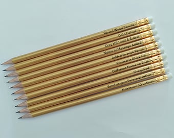 Personalised Gold Wooden Pencils. Printed any Name or Message. First Day School, Teacher, Gift.