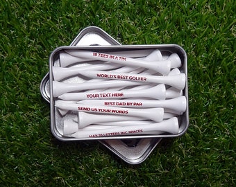 15 x Personalised Printed White Wooden 70mm Golf Tees in a Tin. Golfer, Gift,