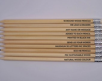 Box of 10 Printed Personalised Pencils. Add any name or Message. Eco HB pencils FSC certified,