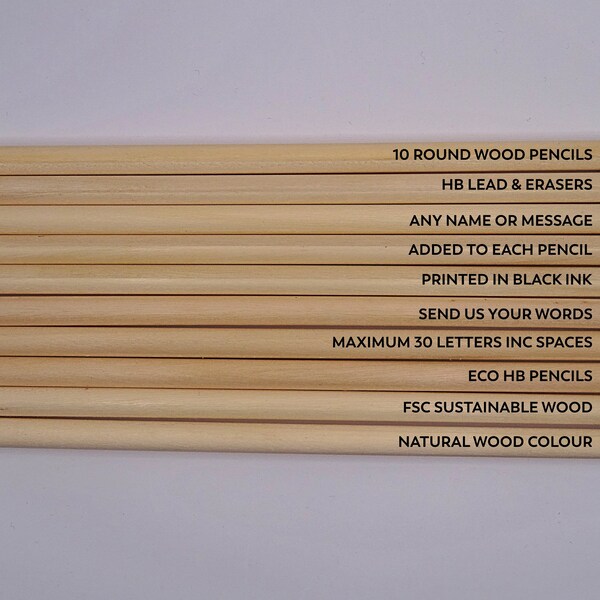 Box of 10 Printed Personalised Pencils. Add any name or Message. Eco HB pencils FSC certified,