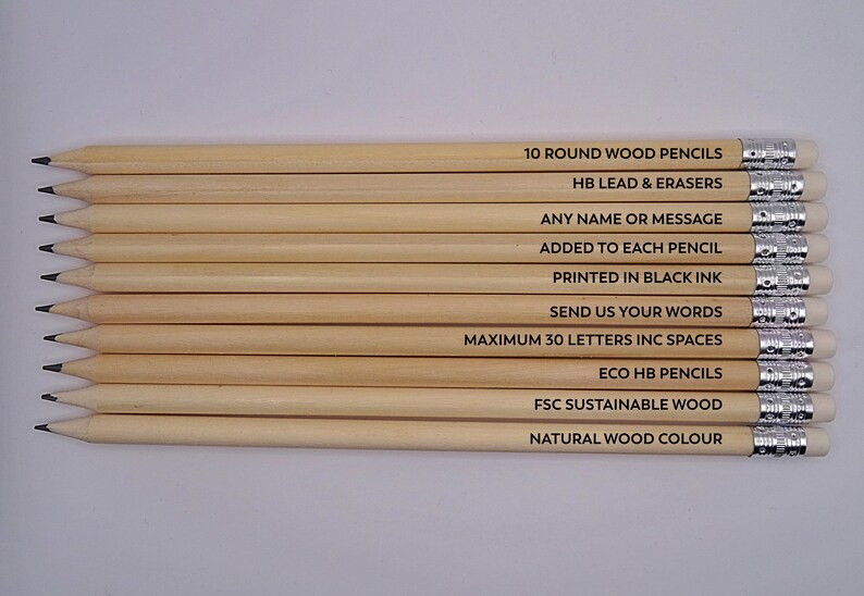 Box of 10 Printed Personalised Pencils. Add any name or Message. Eco HB pencils FSC certified, image 1