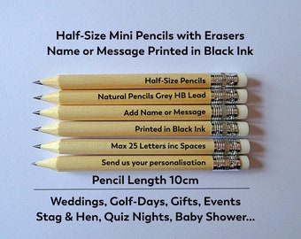 Natural Wood Personalised Printed Half-Size Pencils with Erasers. Golf, Gift, Wedding, Baby Shower, Stag & Hen, Golf Days