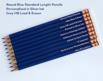 Printed Personalised Pencils. Round, Mid-Blue, Standard Size, Grey HB Lead with Eraser. Add Name or Message. Gift Birthday. Teacher