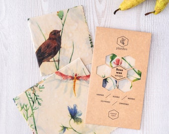Beeswax Food Wraps – Reusable Eco-Friendly Wax Cloths for Plastic-Free Kitchen, Zero Waste Food Storage, Handmade 3-Pack