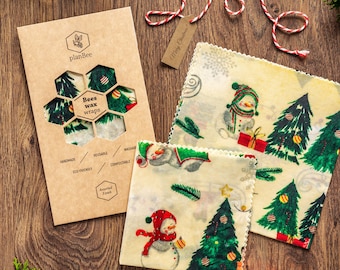 Beeswax Food Wraps – Reusable Eco-Friendly Wax Cloths for Plastic-Free Kitchen, Zero Waste Food Storage, Handmade 3-Pack for Christmas
