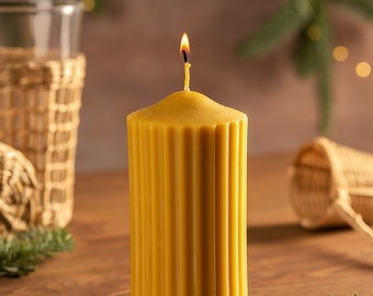 Ribbed Beeswax Pillar Candle – Handmade Natural Fluted Candle for Cozy Home Decor, Eco Friendly Holiday or Christmas Gift