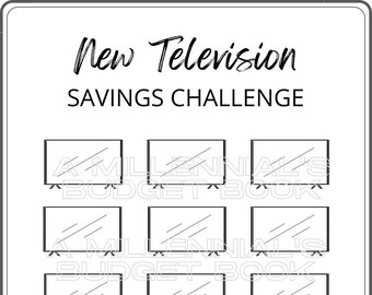 May include: A black and white printable savings challenge chart with the title "New Television Savings Challenge". The chart features 15 television icons, each representing a savings goal. The text "Each icon is worth =" is at the bottom of the chart with a blank space for the user to fill in the amount of money each icon represents.