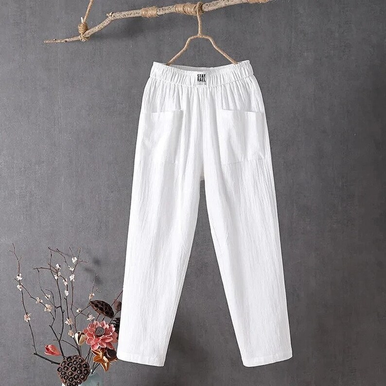 New Candy Colours Cotton Linen Pants Women Elastic High Waist Summer ...