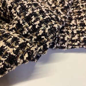 NOWA wysokiej klasy tkanina wełniana Couture Tweed Boucle w kolorze miedziano-kości słoniowej, czarno-brązowym i metalicznym w kratkę (przeczytaj opis) (WYPRZEDANE)