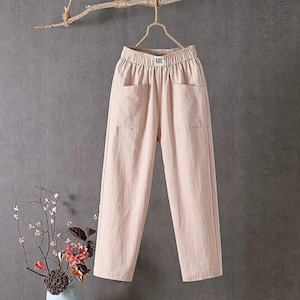New Candy Colours Cotton Linen Pants Women Elastic High Waist Summer ...