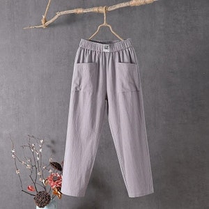 New Candy Colours Cotton Linen Pants Women Elastic High Waist Summer ...
