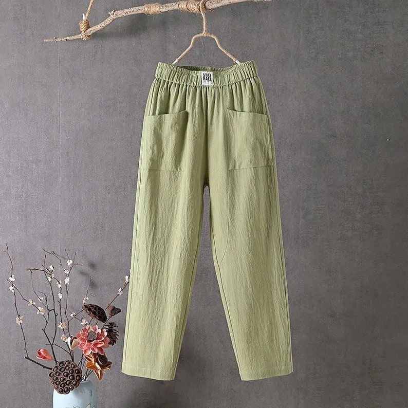 New Candy Colours Cotton Linen Pants Women Elastic High Waist Summer ...