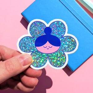 Pegatina de niña con flores y purpurina | Pegatina de vinilo con purpurina ilustrada | Hola Vonnie
