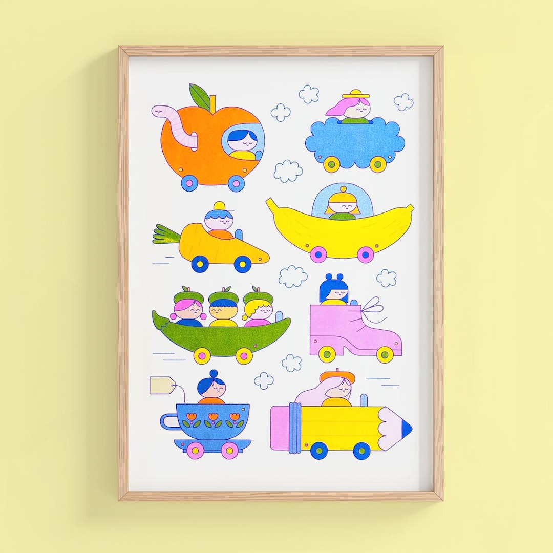 Silly Cars Risograph Print A3 | Colorful Illustrated Wall Art for