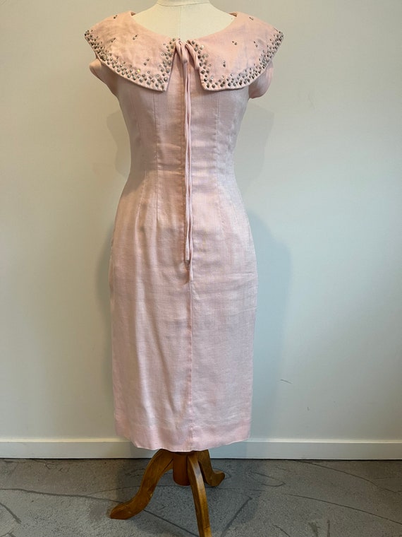 strapless open back dress Pink V-Neck Dress with Long Peplum Skirt & Diamante Bow  La Creme Boutique