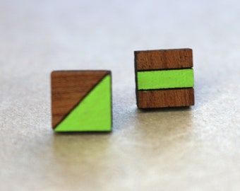 Green Geometric Mismatched Earrings with Hypoallergenic Ear Post - Natural Wood Studs with a Lime Twist