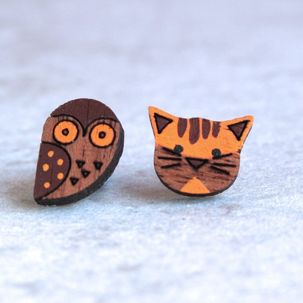 Owl and the Pussy Cat Cute Mismatched Earrings with Titanium Ear Posts - Creative Gift for Her