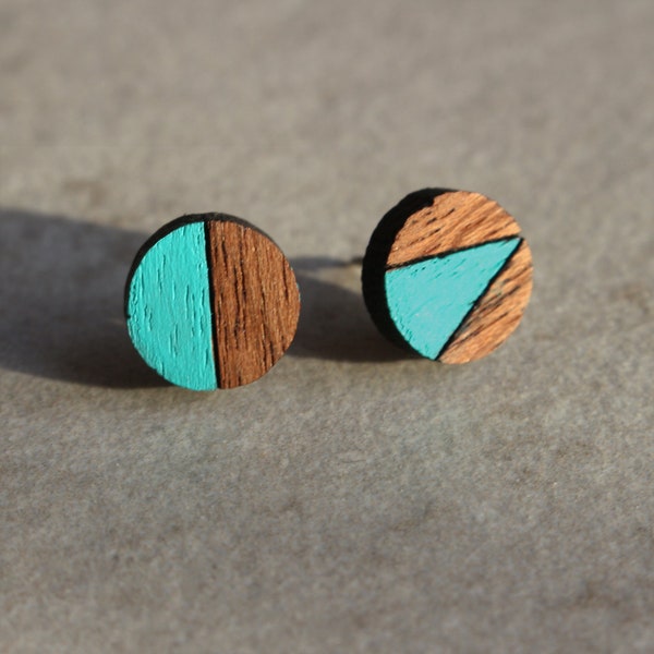 Mismatched Geometric Wooden Turquoise Earrings with Hypoallergenic Ear Posts - Beautiful Gift for Her