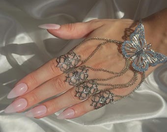 Butterfly Nail Bracelet Ring | Nails Jewellery | Nails Claw Ring Jewellery | Butterfly Bracelet Silver | Costume Cosplay | Metal Nail Finger