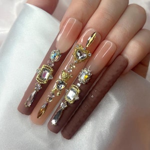 XXXL Bling Press On Nails | Extra Long Fake Extension Nails with Gems | Luxury Gel Nails for Birthday & Party Inspo | Handmade Nails
