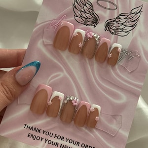 Medium Press On Nails | White & Pink French Nails with Bling | Flower Birthday Nails | Glamorous Custom Nails for Special Occasions