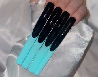 XXXL Blue French Press On Nails | Extra Long Fake Nails French | Luxury Gel Nails for Birthday & Party | Handmade Nails Long