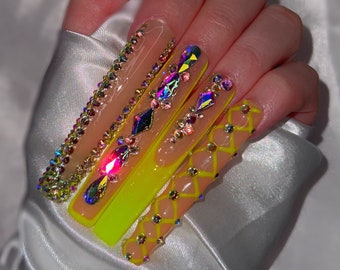 XXXL Square Neon Bling Press On Nails | Glue On Nails | Swarovski Nails | Festive Nails | Fun Nails | Luxury Nails | Bling Nails Neon