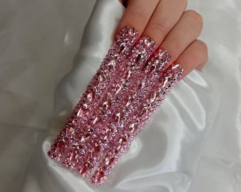 XXXL Square Full Bling Press On Nails Swarovski Uñas extra largas Uñas para ocasiones personalizadas Cumpleaños Uñas XXL Extensiones falsas Uñas muy largas