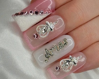 Uñas postizas de Aries / Uñas postizas extralargas del zodiaco / Uñas personalizadas con brillo del signo zodiacal / Uñas postizas glamurosas para amantes de la astrología