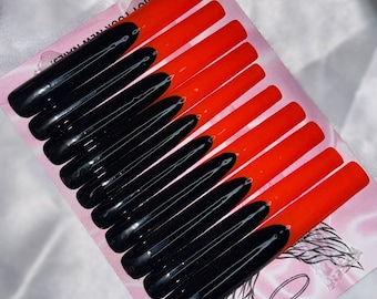 XXXL Bling Presse Sur Ongles | Faux ongles extra longs avec pierres précieuses | Ongles acryliques de luxe pour anniversaire et fête | Pointe française orange