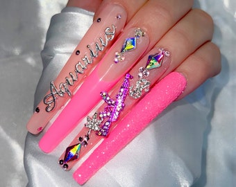 Long Nails Aquarius Press On Nails Zodiac Sign Aquarius Nails Bling Long Nails Moon Horoscope Nails Custom Gold Nails Long Birthday Nails