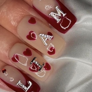 Valentine&#39;s Day Press On Nails | Red Romantic Nails with Initials | Custom Press On Nails VDay Gift for Boyfriend | Boyfriend&#39;s Name Nails