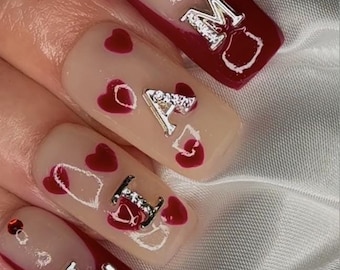 Valentine's Day Press On Nails | Red Hearts, Custom Initials