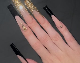 Uñas postizas XXXL / Uñas postizas brillantes con gemas / Extensiones de gel extra largas / Inspiración para fiesta de cumpleaños y Nochevieja de lujo