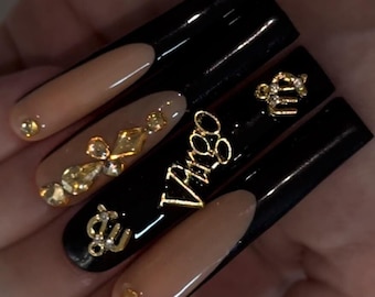 Virgo Zodiac Sign Press On Nails | Bling Long Horoscope Nails | Custom Gold Virgo Birthday Gift | Black Luxury XL Nails