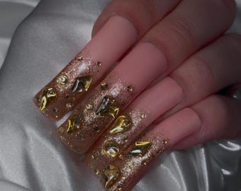 XL Curve Tip Press On Nails | Gold Nails XXL Curve | Golden Nails Very Long XXXL Square Curved Tip | Rhinestone Gold Handmade Nails Long