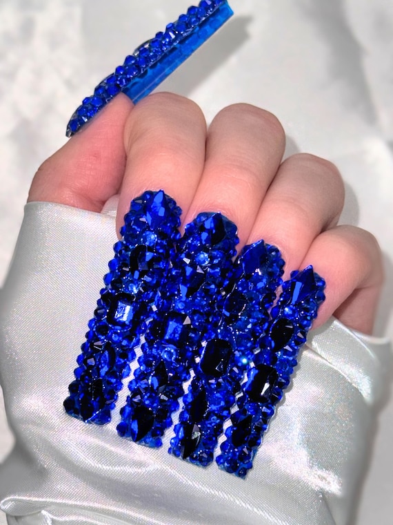 Blue Bling Press on Nails | Swarovski Extra Long Fake Extensions | Custom Occasion & Birthday Nails | XXL Very Long Design
