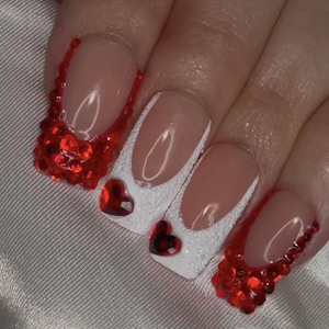 Valentine&#39;s Day Press On Nails Square | Vday Custom Nails Red and White | French Tip Valentines Press On Nails Red | Handmade Cute Nails