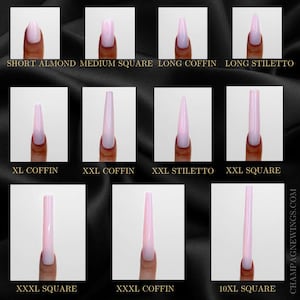 May include: A comparison chart of different nail shapes, including short almond, medium square, long coffin, long stiletto, XL coffin, XXL coffin, XXL stiletto, XXL square, XXXL square, XXXL coffin, and 10XL square.