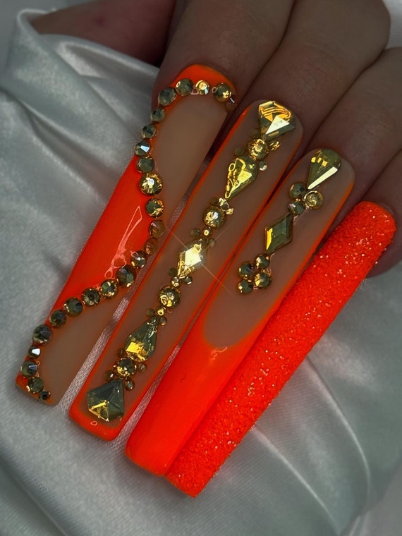 XXXL Square Orange Bling Press On Nails | Glue On Nails | Neon Orange Nails | Festive Nails | Fun Nails | Luxury Nails | Bling Nails Orange