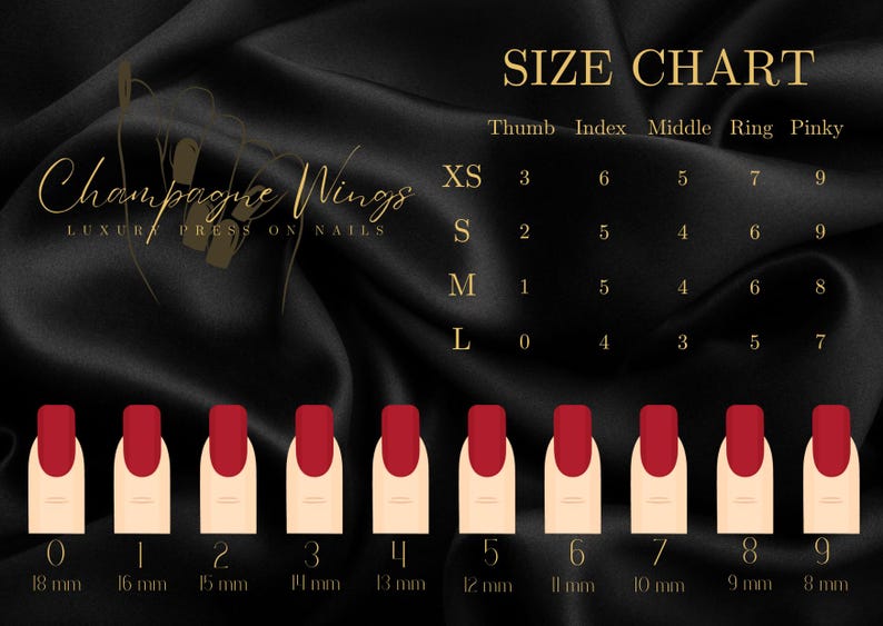May include: Size chart for press-on nails, showing different sizes for thumb, index, middle, ring, and pinky fingers. The chart includes sizes XS, S, M, and L, with corresponding measurements in millimeters for each finger size.