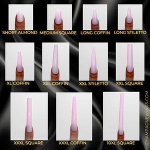 May include: A visual guide to different nail shapes, including short almond, medium square, long coffin, long stiletto, XL coffin, XXL coffin, XXL stiletto, XXL square, XXXL square, XXXL coffin, and 10XL square.