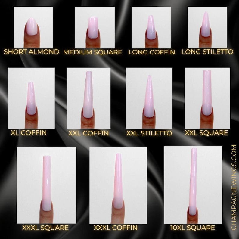 May include: A visual guide to different nail shapes, including short almond, medium square, long coffin, long stiletto, XL coffin, XXL coffin, XXL stiletto, XXL square, XXXL square, XXXL coffin, and 10XL square.