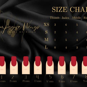 May include: Size chart for press-on nails, showing different sizes for thumb, index, middle, ring, and pinky fingers. The chart includes sizes XS, S, M, and L, with corresponding measurements in millimeters for each finger size.
