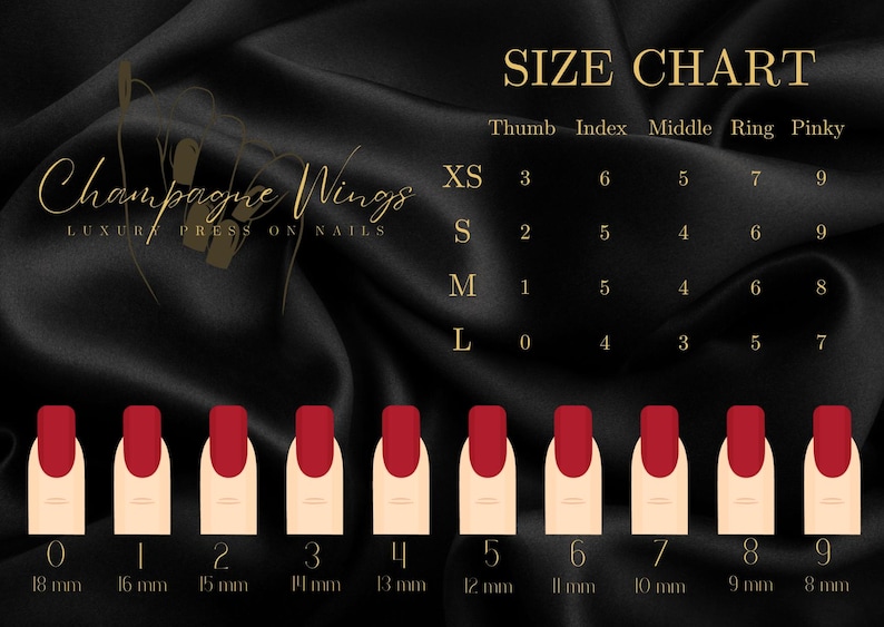 May include: Size chart for press-on nails, showing different sizes for thumb, index, middle, ring, and pinky fingers. The chart includes sizes XS, S, M, and L, with corresponding measurements in millimeters for each finger size.