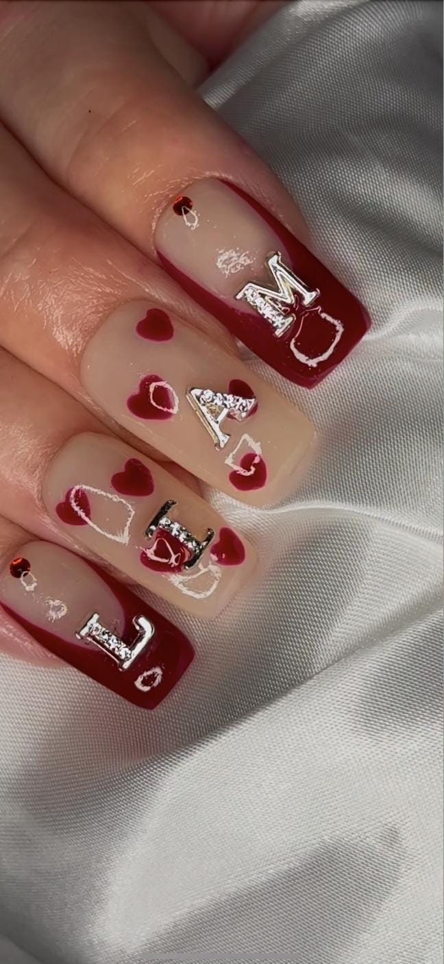Valentine's Day Press on Nails | Red Hearts, Custom Initials