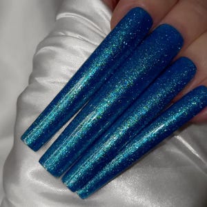 Square Nails Blue Glitter Long | Blue XXXL Square Nails | Handmade Press On Nails Extra Long Curve | Square Press On Nails Custom Blue