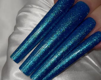 Uñas cuadradas con purpurina azul largas/azules XXXL, uñas cuadradas/uñas a presión hechas a mano, uñas curvas extra largas/uñas cuadradas a presión personalizadas azules